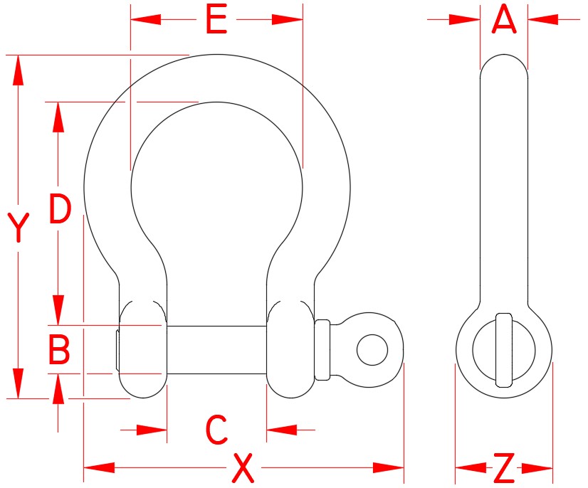 Stainless Steel Bow Shackle with Screw Pin, S0116-0004, S0116-0005, S0116-0006, S0116-0008, S0116-0010, S0116-0012, S0116-0013, S0116-0016, S0116-0020, S0116-0022, S0116-0025, S0116-0032, Line Drawing